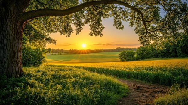 Sunset over a serene countryside field with a large tree silhouette photo