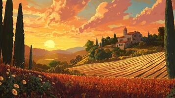 Golden sunset over tranquil hills and a farmhouse photo