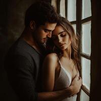 Couple embraces tenderly by a window during a rainy afternoon photo