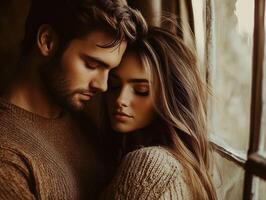 Couple embracing warmly by a window in soft, natural light during winter photo