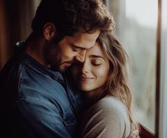 Couple embracing warmly indoors during golden hour with soft lighting photo