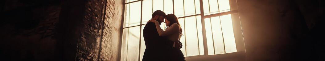 Couple embracing in a warm, sunlit room during a peaceful afternoon photo