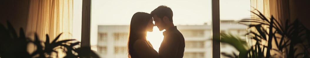 Couple embracing at sunset in a cozy indoor setting with plants photo