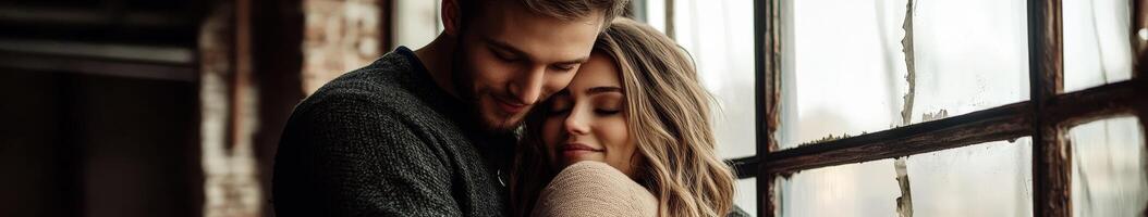 Couple embracing together near a window in a cozy, rustic setting photo