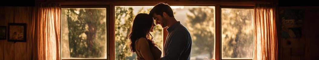 Couple embraces warmly by the window at sunset in a cozy cabin photo