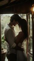 Couple embracing intimately in a rustic cabin during golden hour photo