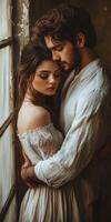 Couple embracing tenderly in a softly lit room by a window photo