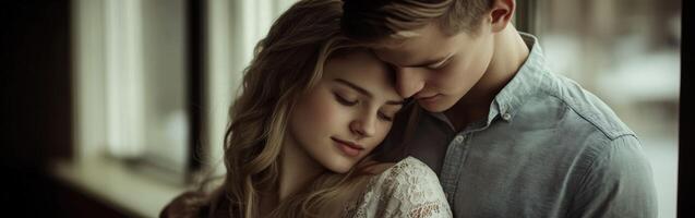 Young couple sharing a tender moment indoors during the afternoon photo