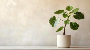 Simple potted plant on a minimalist shelf against a textured wall photo