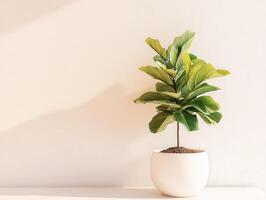 Small indoor plant in a white pot against a neutral background photo