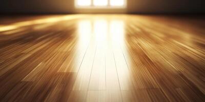 Bright sunlight streaming through a window onto polished wooden flooring photo