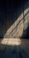 Sunlight casting shadows on a rustic wooden floor in a cozy room photo