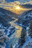 Majestic river valley at sunrise with snow-covered trees and mountains photo