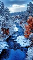 Majestic snowy river valley with vibrant autumn trees at dusk photo