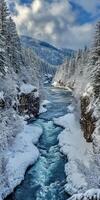 Stunning winter view of a snowy river valley photo