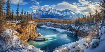 Majestic river valley surrounded by mountains and forests in winter photo
