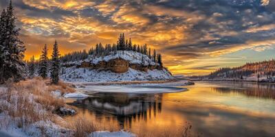 A tranquil winter evening in a majestic river valley at sunset photo