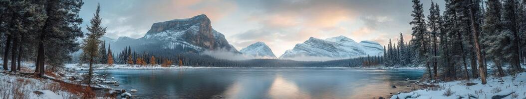 Majestic river valley at dawn with snow-capped mountains and still waters photo