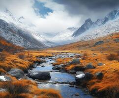 Majestic river valley surrounded by mountains in autumn's vibrant colors photo