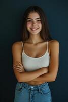 Young woman poses confidently with crossed arms against a dark background photo
