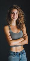 Young woman smiling confidently with crossed arms in natural lighting photo