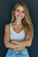 Young woman smiling against a dark background in casual attire photo