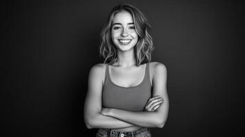 Smiling young woman with crossed arms against a dark background photo