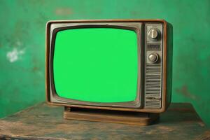 Old vintage tv set with green screen background displaying a chroma key photo