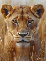 Portrait of lioness looking through tall grass photo