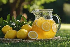 Refreshing lemonade pitcher resting on grass with lemons around photo