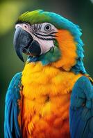 Blue-and-yellow macaw posing with bright yellow and blue feathers photo