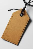 Blank cardboard tag with black string lying on white background photo