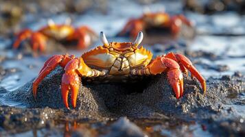 Sally lightfoot crab posing on the rocks in galapagos islands photo