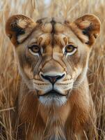 Portrait of lioness looking through tall grass photo