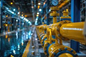 Yellow pipeline system running inside factory building photo