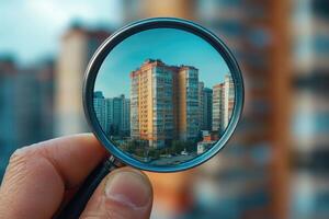 Real estate agent searching for property using magnifying glass photo