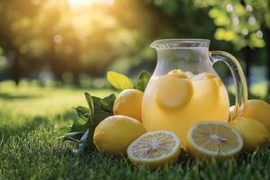 Refreshing lemonade pitcher resting on grass with lemons around photo