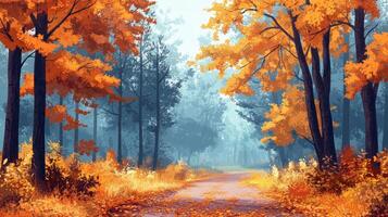 Autumn forest path covered in fallen leaves with fog photo