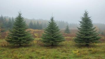 Evergreen coniferous trees growing on a foggy hillside photo