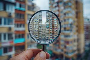 Real estate agent searching for property using magnifying glass photo