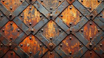 Old rusty metal door with forged steel bands showing diagonal pattern photo