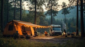 Camper enjoying a cozy evening with illuminated tent and campfire in the forest photo