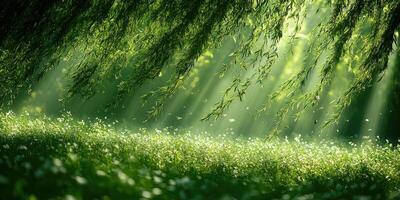 Sunlight filtering through willow tree branches in springtime photo
