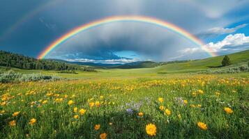 Double rainbow appearing over field of yellow wildflowers photo