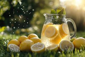 Refreshing lemonade pitcher resting on grass with lemons around photo