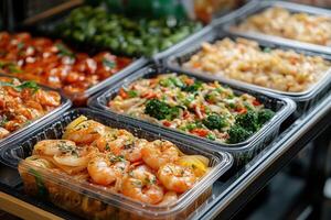 Plastic containers with different asian food on supermarket shelf photo