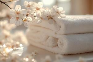 Stack of white towels decorated with cherry blossoms creating a relaxing spa atmosphere photo