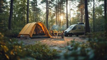 Camper van parked near tent and table in forest at sunset photo