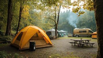 Tourists camping with tent and camper van enjoying camping trip in the forest photo