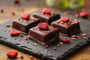 Delicious chocolate candy decorated with raspberry crumbs and freeze dried raspberry heart on slate plate photo